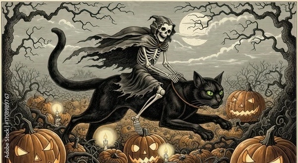 Fototapeta A halloween scene with a skeleton riding a black cat through a pumpkin patch under a full moon night sky
