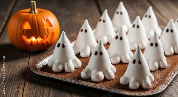 Fototapeta Halloween scene featuring a carved pumpkin and tray of ghost shaped meringue cookies on a wooden surface