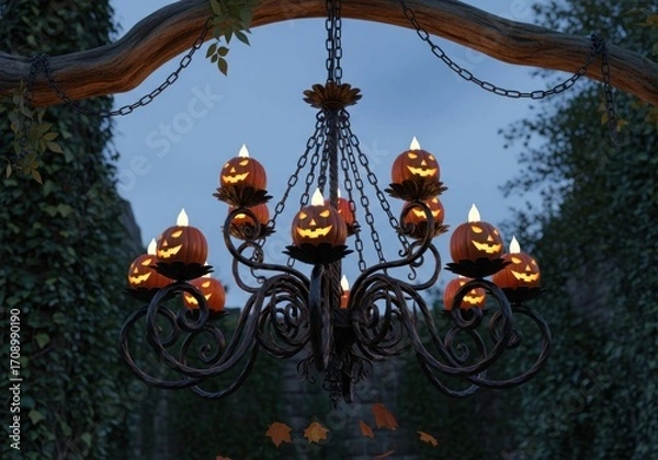 Fototapeta A halloween chandelier with pumpkin lights hanging from a tree branch in a garden setting at dusk