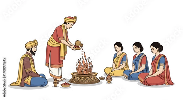 Obraz Indian Hindu Puja ceremony with fire and devotees