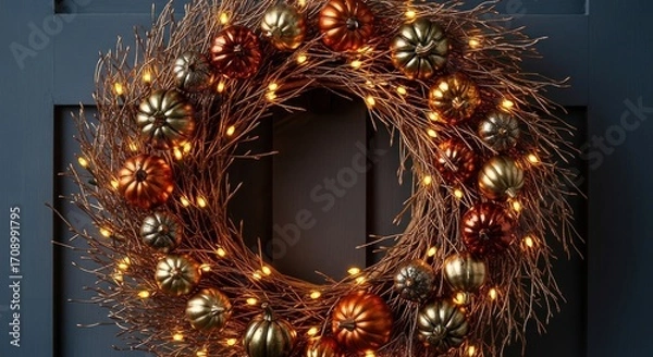 Fototapeta A festive fall wreath adorned with pumpkins and twinkling lights hanging on a dark colored door frame