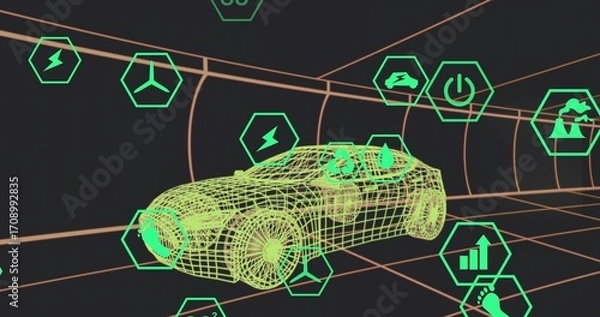 Fototapeta Showcasing wireframe car model gliding through 3D tunnel, with floating green hexagonal icons