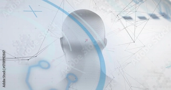 Fototapeta Displaying white 3D head sculpture facing away in visualization, with blue arcs and network lines
