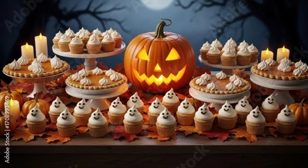 Fototapeta A halloween display featuring a jack o lantern pumpkin pies and ghost themed cupcakes on a table with leaves