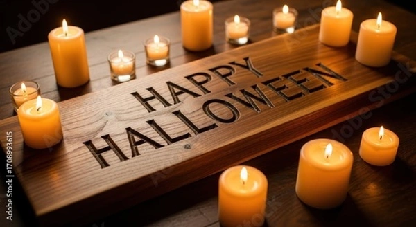 Fototapeta Happy halloween sign surrounded by lit candles on a dark wooden surface creating a warm ambiance