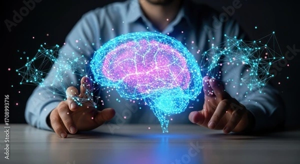 Fototapeta Person interacting with a digital brain hologram with glowing connections and network visualization effect