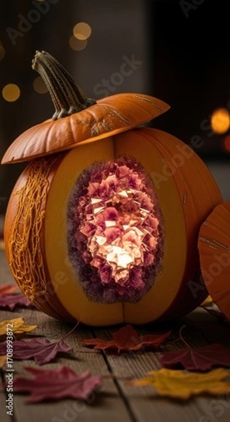 Fototapeta A carved pumpkin with a crystal inside sitting on a wooden surface with scattered autumn leaves around it