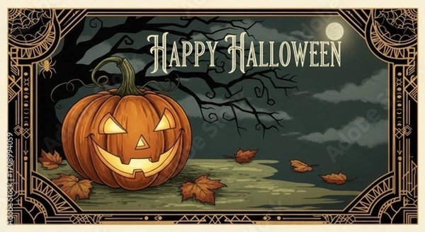 Fototapeta A halloween scene with a jack o lantern, bare tree, moon, and fallen leaves inside a decorative border