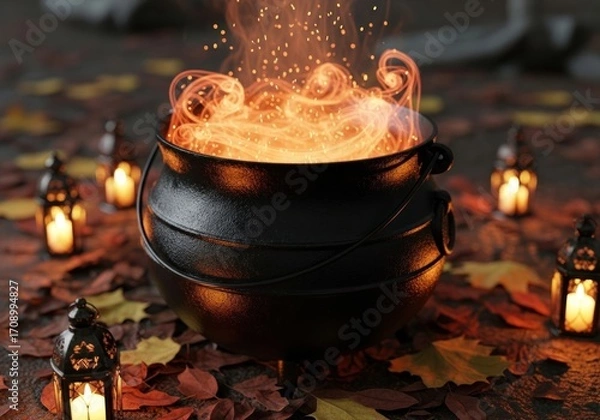 Fototapeta A black cauldron bubbling with orange liquid surrounded by lanterns and autumn leaves on the ground