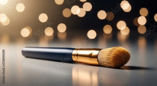 Fototapeta A makeup brush with a dark blue handle and gold ferrule on a reflective surface with bokeh lights behind