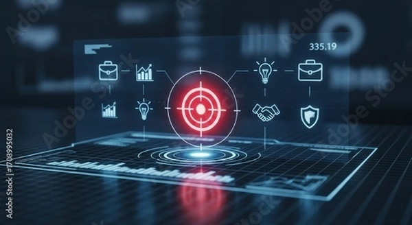 Fototapeta A futuristic display showing a red target with business icons and data on a dark reflective surface