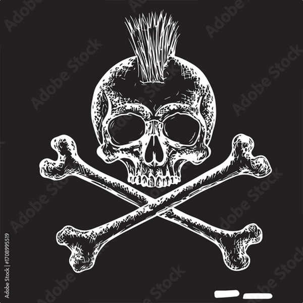 Fototapeta A detailed white chalk drawing of a skull with a mohawk and crossbones on a blackboard