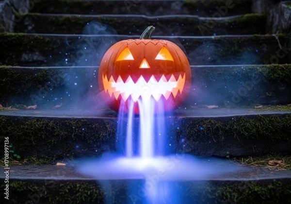 Fototapeta A glowing halloween pumpkin with smoke sits on mossy stairs creating a spooky and magical atmosphere