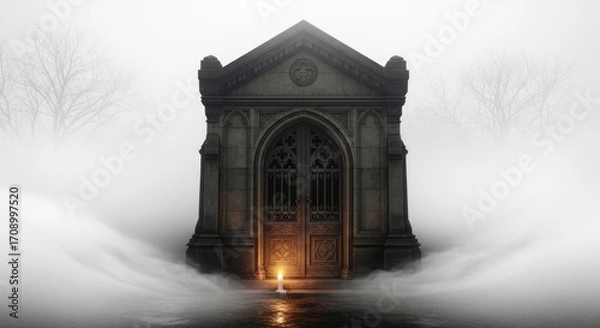 Fototapeta A gothic mausoleum shrouded in fog with a single candle burning in front of the entrance doors
