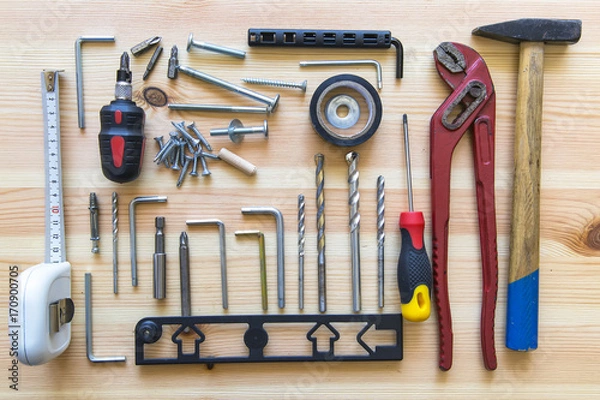 Fototapeta Top view flat lay set construction toolkit safety protect industrial equipment gear on white background with empty space for craft diy build renovation,service maintenance repair in workshop concept.