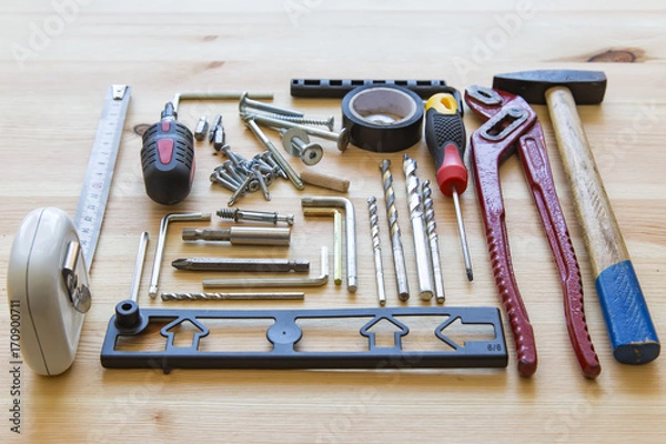 Fototapeta Top view flat lay set construction toolkit safety protect industrial equipment gear on white background with empty space for craft diy build renovation,service maintenance repair in workshop concept.