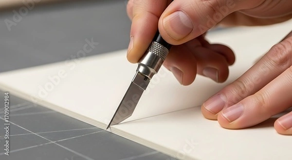 Fototapeta Hands Using Precision Knife Cutting White Paper on Cutting Mat in Craft Workspace