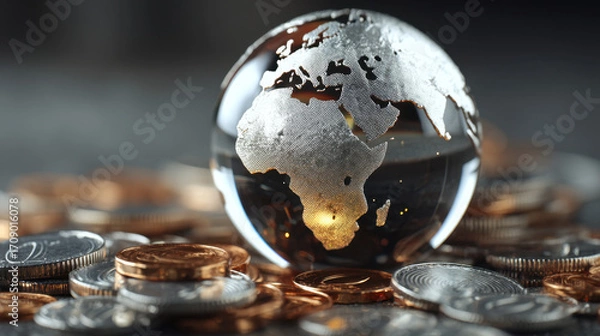 Fototapeta Glass globe depicting Africa surrounded by various coins symbolizes global finance and economic growth. intricate details of globe reflect light, creating captivating visual