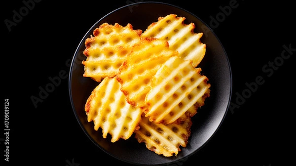 Fototapeta Golden waffle fries on a black plate, showcasing crisp texture and a crisscross pattern. Ideal for food blogs, menus, snack ads, or culinary content with a modern, appetizing look.