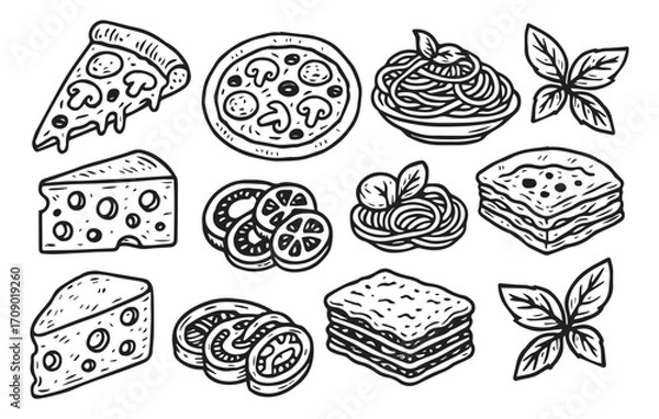Fototapeta Italian food doodle collection isolated on transparent background, generative ai