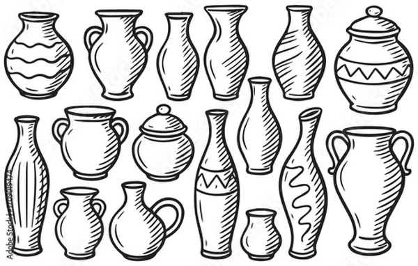 Fototapeta Vase and pottery doodle collection isolated on transparent background, generative ai