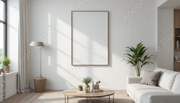 Fototapeta Interior design with empty frame on the wall, sofa, and plants in the living room