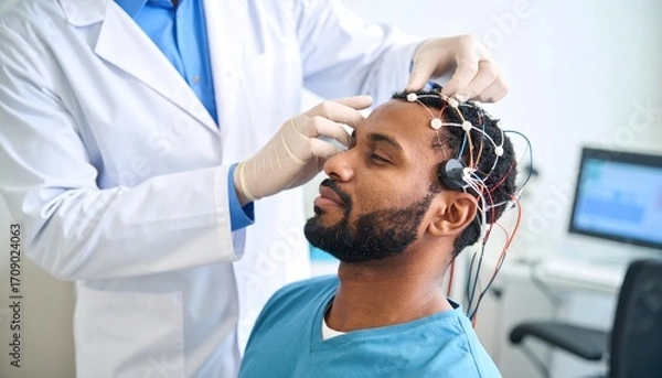 Fototapeta Doctor attaching EEG electrodes on patients head with medical exam.