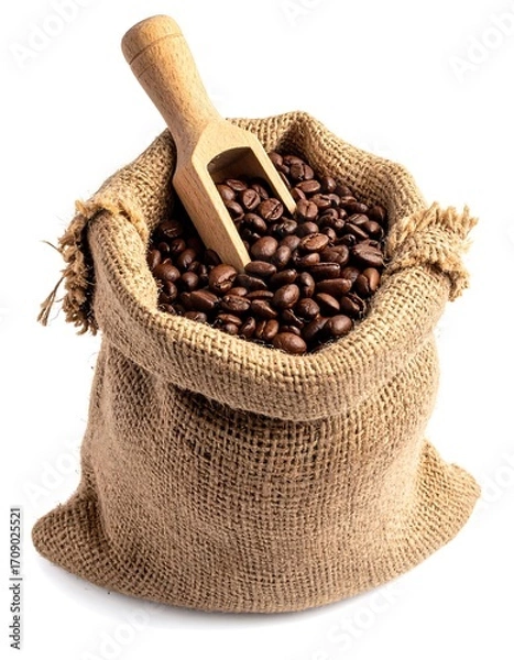 Fototapeta Burlap sack filled with coffee beans and wooden scoop
