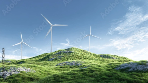 Fototapeta Sustainable energy sources are represented by wind turbines on grassy hill under clear blue sky, symbolizing innovation and environmental consciousness
