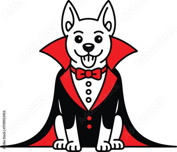 Fototapeta Cartoon dog dressed as a vampire with red cape and bowtie