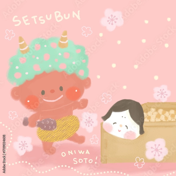 Obraz 節分_かわいい鬼と福の神_豆まき