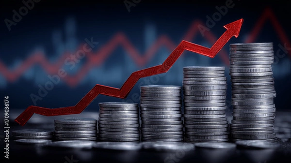 Fototapeta Rising stacks of coins with a growth line, illustrating financial performance investment returns and the power of compounding toward profit prosperity and measurable success

