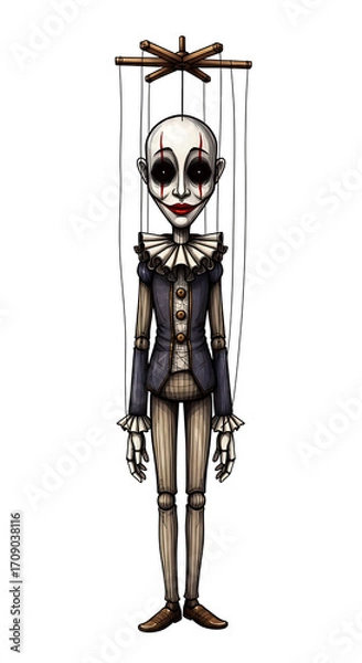 Fototapeta A tall, unnerving cartoon mural of a "creepy marionette." A slender, porcelain-faced puppet with a sinister, painted-on smile and dark, hollow eyes hangs in the air. Its strings lead up and out of the