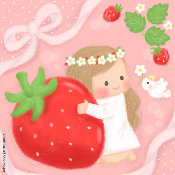 Obraz かわいい いちごと女の子のイラスト_リボン