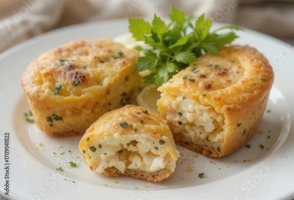 Fototapeta Fresh Egg Quiche and Cheese Rolls on a White Plate, Emphasizing Texture and Tactile Details for an Appealing Visual.