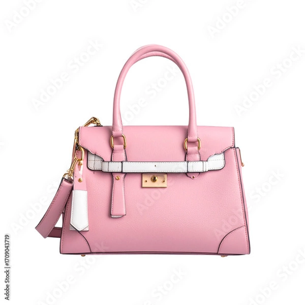 Fototapeta available pink handbag with white and gold accents. On a transparent background. png file 