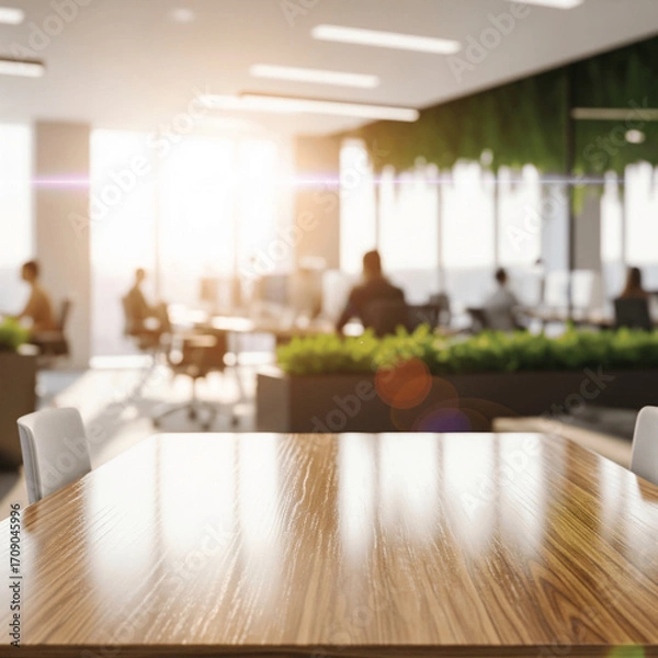 Obraz A polished wooden table is the focal point of this image, set against a blurred background of a modern office. The soft bokeh effect highlights a professional, sunlit workspace with a sense of quiet a