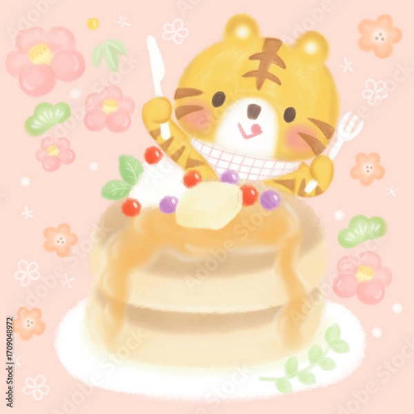 Obraz 美味しそうなパンケーキとかわいいトラのイラスト