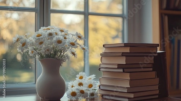 Obraz Cozy books and flowers by window