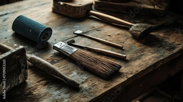 Obraz Crafting tools on wooden surface