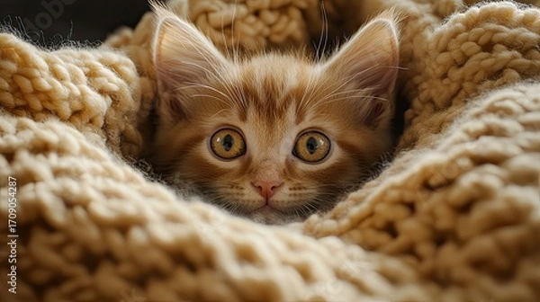 Obraz Cute kitten wrapped in cozy blanket