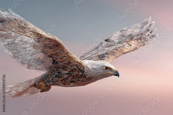Fototapeta Eagle flying with polygonal wireframe overlay in soft pink sky, symbolizing technology and nature fusion
