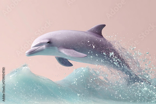 Fototapeta Dolphin jumping out of blue ocean wave with water splashing and soft pink sky background