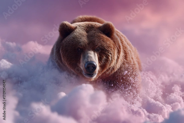 Fototapeta Brown bear walking through pink fog with intense expression in natural wildlife environment