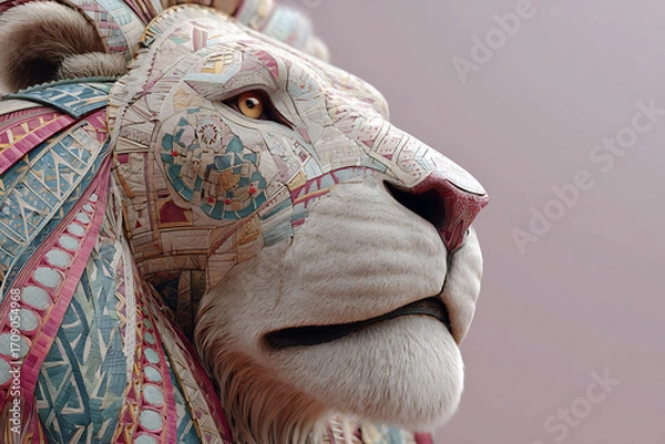Fototapeta Colorful mosaic lion sculpture with intricate patterns and realistic fur texture, showcasing artistic craftsmanship