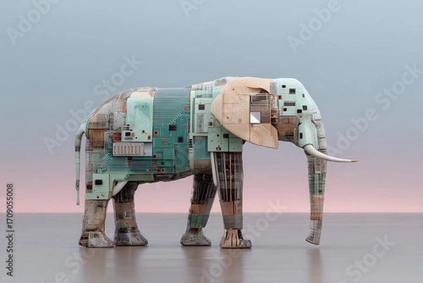 Fototapeta Elephant sculpture made of electronic circuit board parts with pastel colors and futuristic design on smooth surface