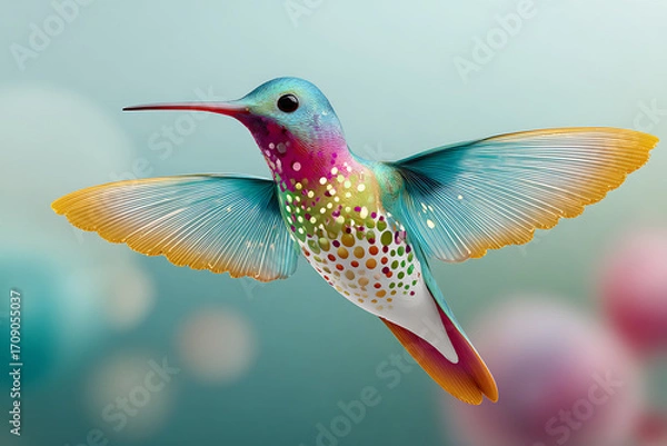 Fototapeta Colorful hummingbird with spread wings in flight showing vibrant feathers and delicate details in soft background