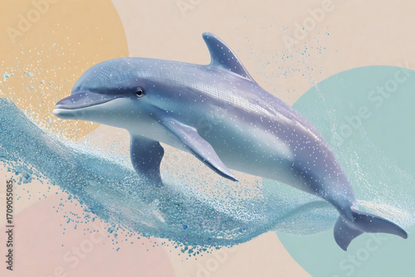 Fototapeta Dolphin jumping with splash of water in front of colorful abstract background, lively and dynamic marine scene