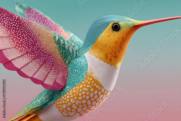 Fototapeta Colorful hummingbird with detailed feathers and vibrant wings flying against soft gradient background