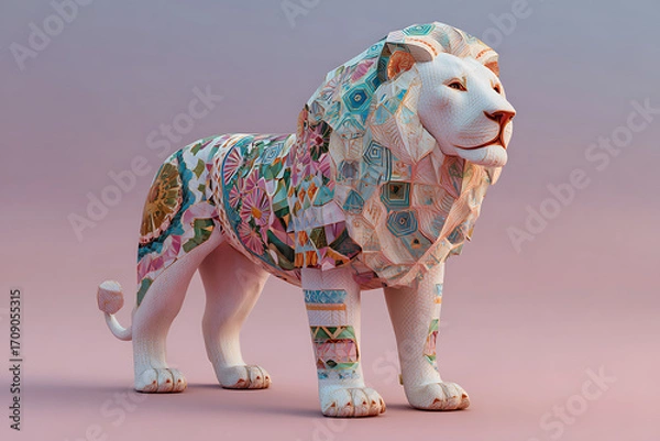 Fototapeta Colorful patterned lion sculpture with geometric and floral designs standing on pink background, artistic and vibrant